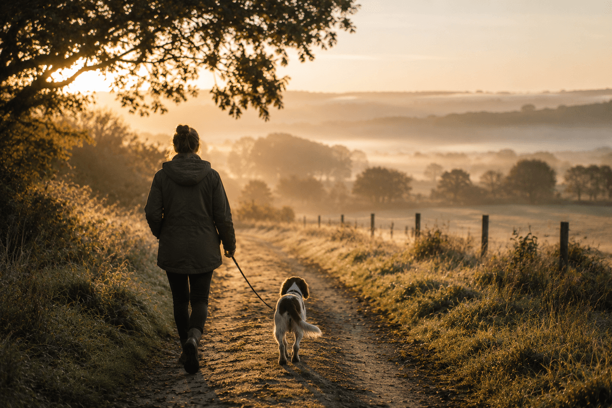 Person walking with a dog — representing the positive, manageable steps in supporting mental health
