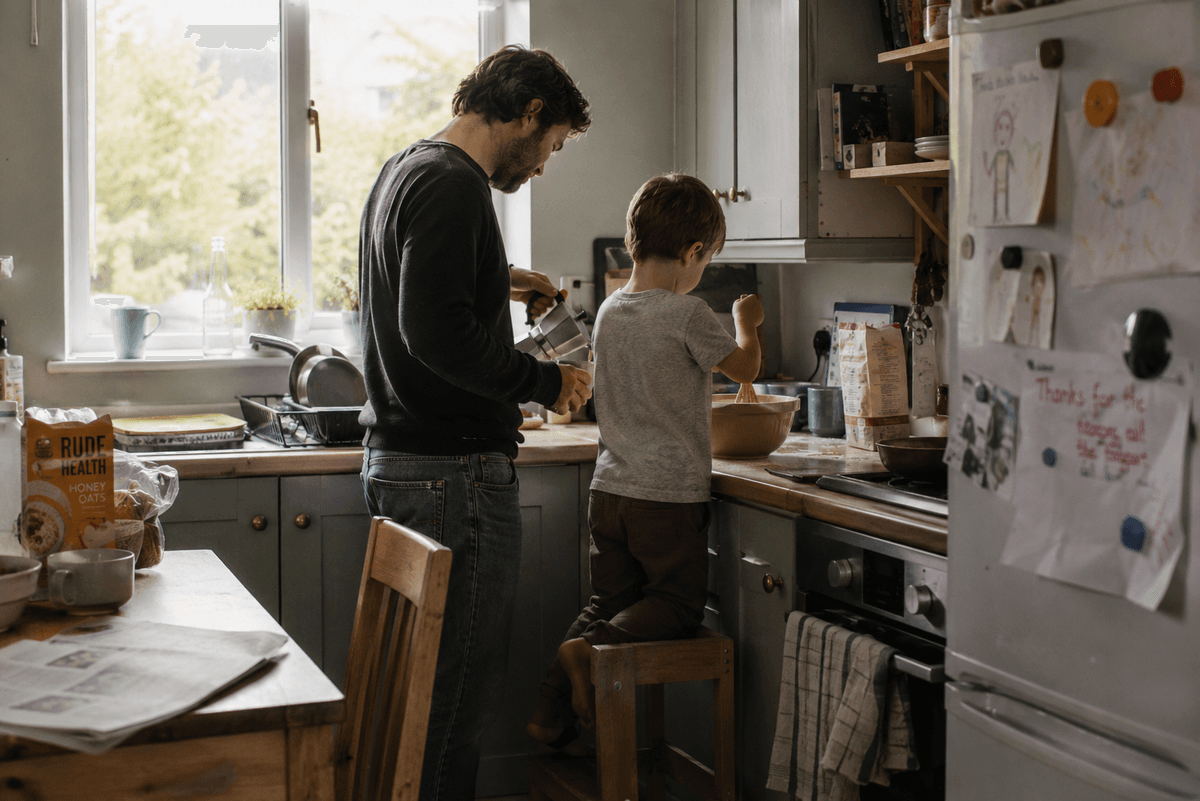 Father and son in a warm domestic moment — representing family connection and support