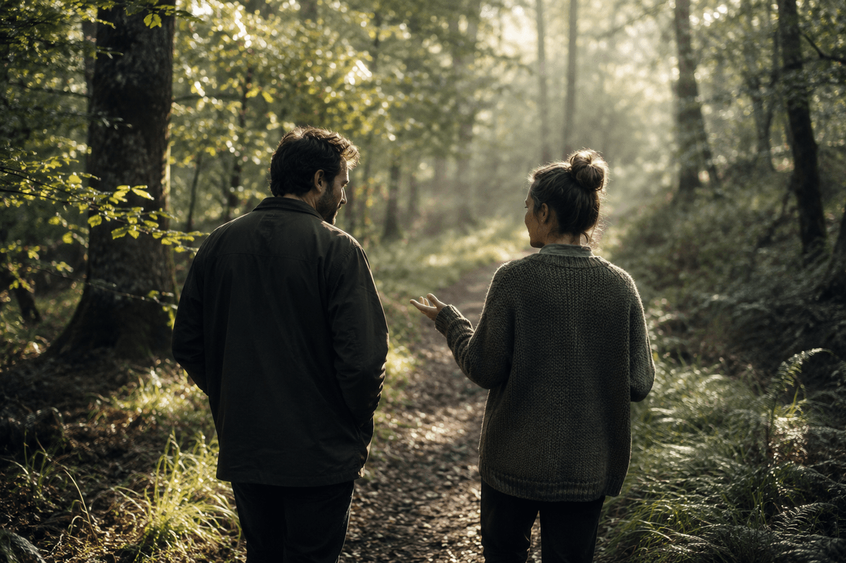 Two people in a relaxed conversation outdoors — warm and non-clinical